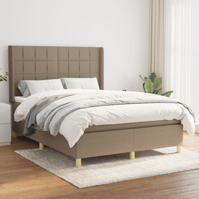 Cama box spring con colchón tela gris taupe 140x190 cm