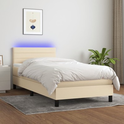 Cama box spring colchón y luces LED tela crema 80x200 cm
