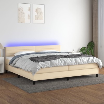 Cama box spring colchón y luces LED tela crema 200x200 cm