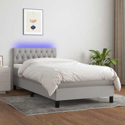 Cama box spring colchón y luces LED tela gris claro 100x200 cm