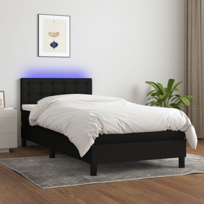 Cama box spring colchón y luces LED tela negro 90x190 cm