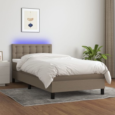 Cama box spring colchón y luces LED tela gris taupe 90x200 cm
