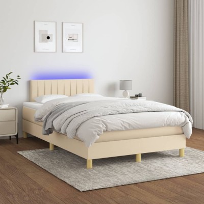 Cama box spring con colchón y LED tela crema 120x200 cm