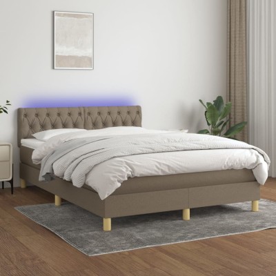 Cama box spring con colchón LED tela gris taupe 140x200 cm