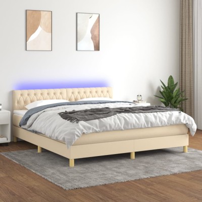 Cama box spring con colchón y LED tela crema 160x200 cm