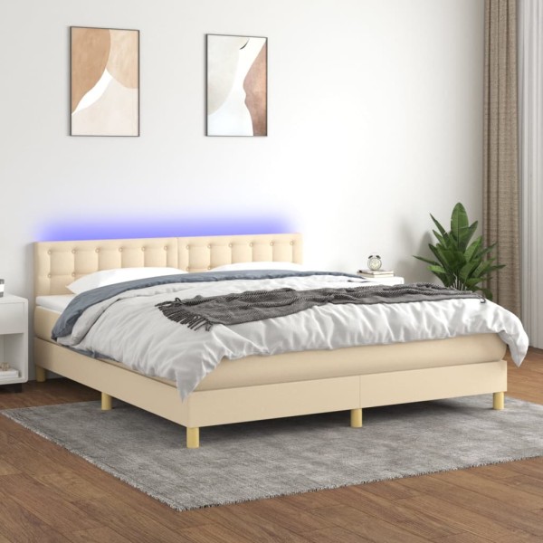 Cama box spring con colchón y LED tela crema 180x200 cm