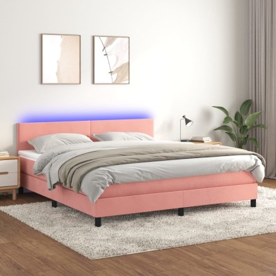 Cama box spring colchón y LED terciopelo rosa 180x200 cm