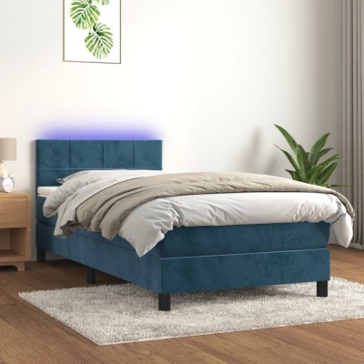 Cama box spring colchón y LED terciopelo azul oscuro 80x200 cm