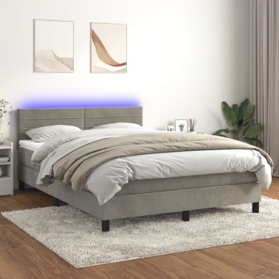 Cama box spring colchón y LED terciopelo gris claro 140x190 cm