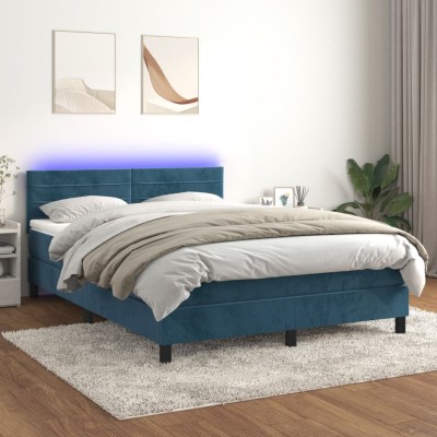 Cama box spring colchón y LED terciopelo azul oscuro 140x190 cm