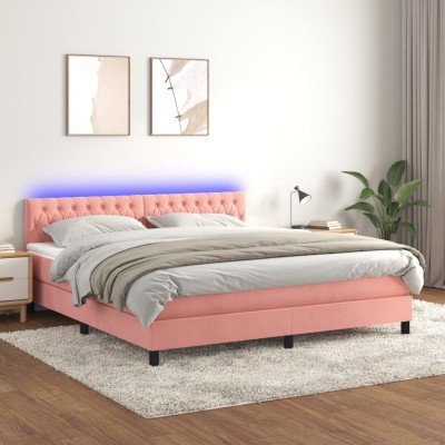 Cama box spring colchón y LED terciopelo rosa 160x200 cm