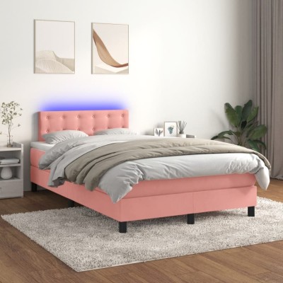 Cama box spring colchón y LED terciopelo rosa 120x200 cm