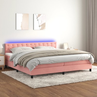 Cama box spring colchón y LED terciopelo rosa 200x200 cm