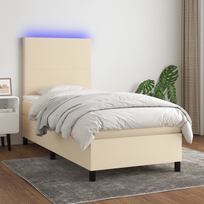 Cama box spring colchón y luces LED tela crema 90x200 cm Cama box spring colchón y luces LED tela crema 90x200 cm