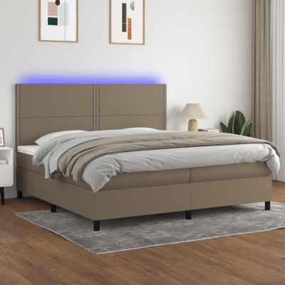 Cama box spring colchón y luces LED tela gris taupe 200x200 cm