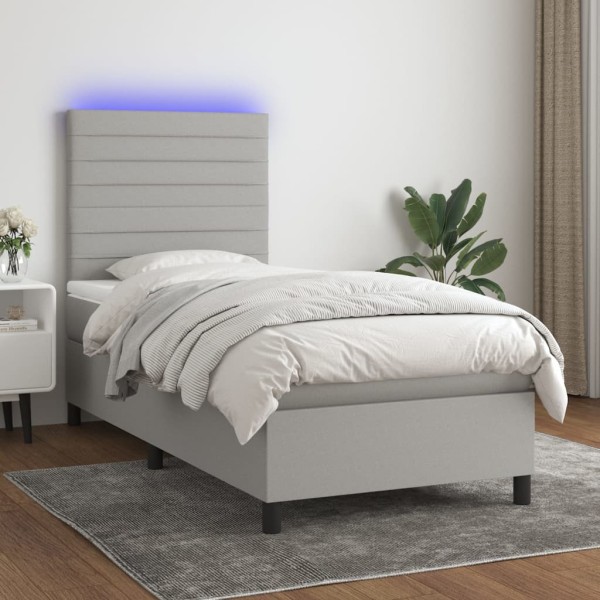 Cama box spring colchón y luces LED tela gris claro 100x200 cm