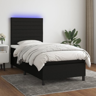 Cama box spring colchón y luces LED tela negro 100x200 cm