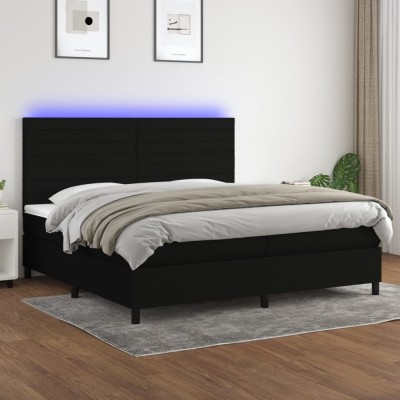 Cama box spring colchón y luces LED tela negro 200x200 cm