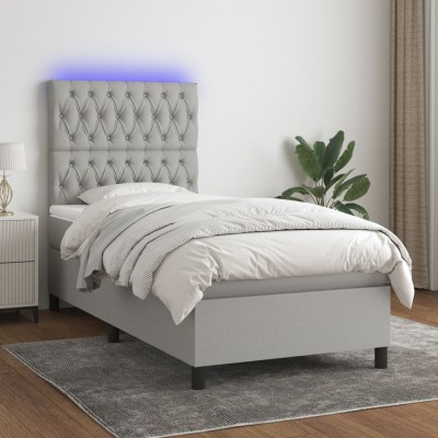 Cama box spring colchón y luces LED tela gris claro 90x190 cm
