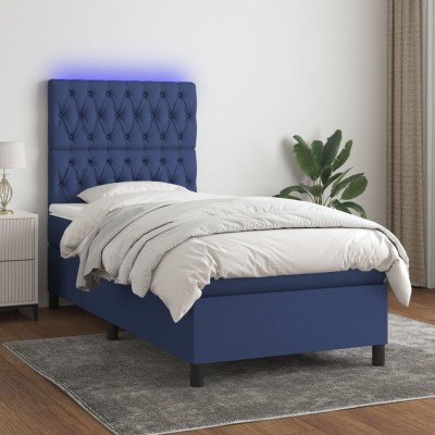 Cama box spring colchón y luces LED tela azul 90x200 cm