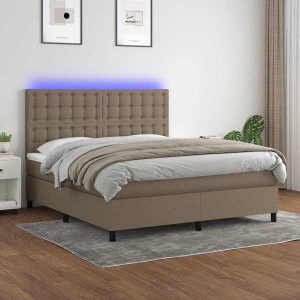 Cama box spring colchón y luces LED tela gris taupe 160x200 cm