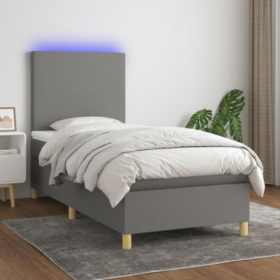Cama box spring colchón y luces LED tela gris oscuro 90x190 cm