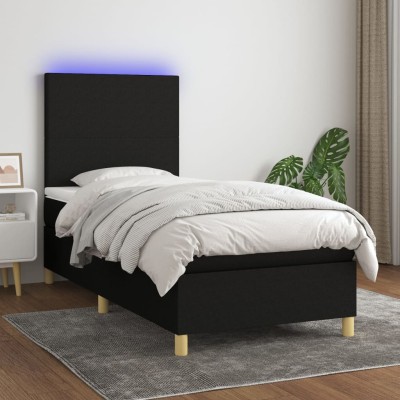 Cama box spring colchón y luces LED tela negro 100x200 cm