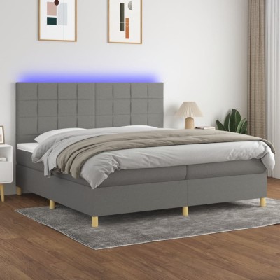 Cama box spring colchón y luces LED tela gris claro 200x200 cm