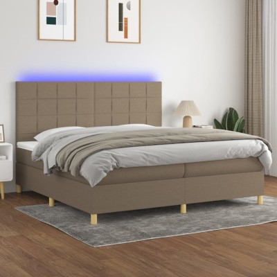 Cama box spring colchón y luces LED tela gris taupe 200x200 cm