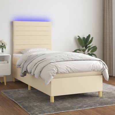 Cama box spring colchón y luces LED tela crema 100x200 cm