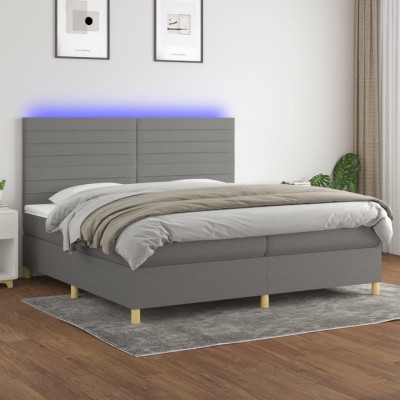 Cama box spring colchón y luces LED tela gris claro 200x200 cm