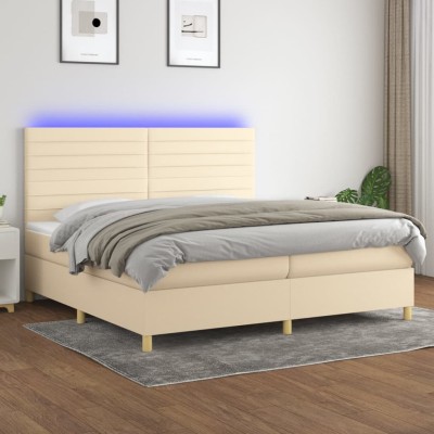 Cama box spring colchón y luces LED tela crema 200x200 cm