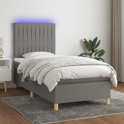 Cama box spring colchón y luces LED tela gris oscuro 100x200 cm