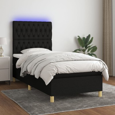 Cama box spring colchón y luces LED tela negro 100x200 cm