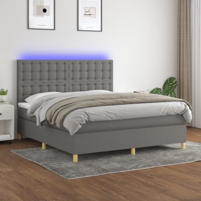 Cama box spring colchón y luces LED tela gris oscuro 160x200 cm