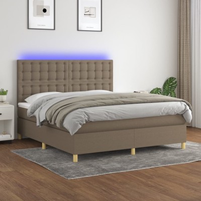Cama box spring colchón y luces LED tela gris taupe 160x200 cm