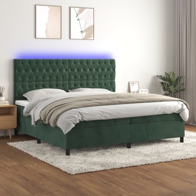 Cama box spring colchón y LED terciopelo verde oscuro 200x200cm