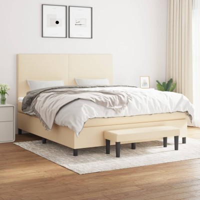 Cama box spring con colchón tela color crema 180x200 cm