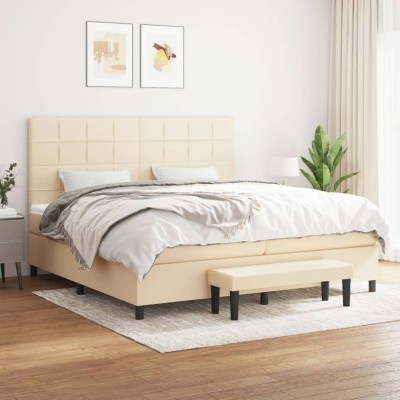 Cama box spring con colchón tela color crema 200x200 cm