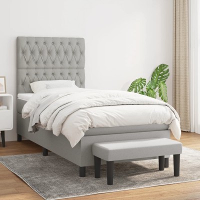 Cama box spring con colchón tela gris claro 90x190 cm