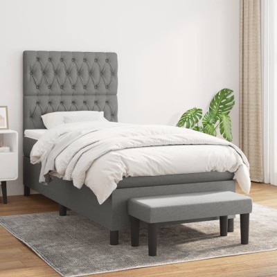 Cama box spring con colchón tela gris oscuro 100x200 cm