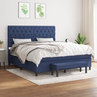 Cama box spring con colchón tela azul 160x200 cm