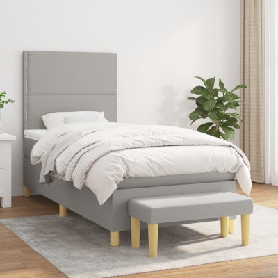 Cama box spring con colchón tela gris claro 100x200 cm