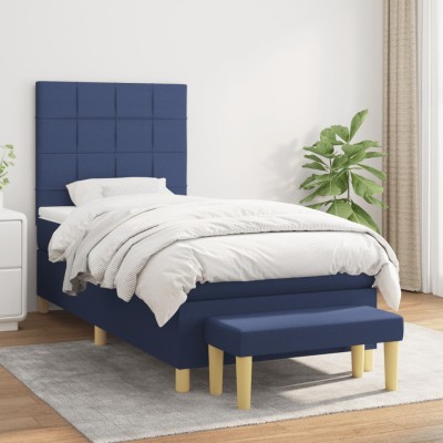 Cama box spring con colchón tela azul 100x200 cm