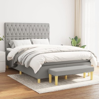 Cama box spring con colchón tela gris claro 140x190 cm