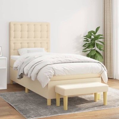 Cama box spring con colchón tela color crema 100x200 cm
