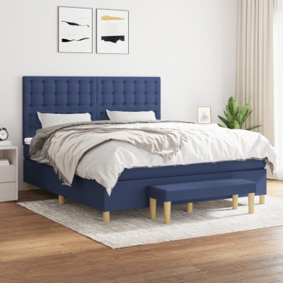 Cama box spring con colchón tela azul 160x200 cm