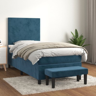 Cama box spring con colchón terciopelo azul oscuro 90x200 cm