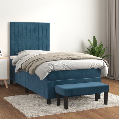 Cama box spring con colchón terciopelo azul oscuro 90x200 cm