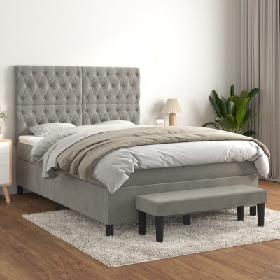 Cama box spring con colchón terciopelo gris claro 140x190 cm